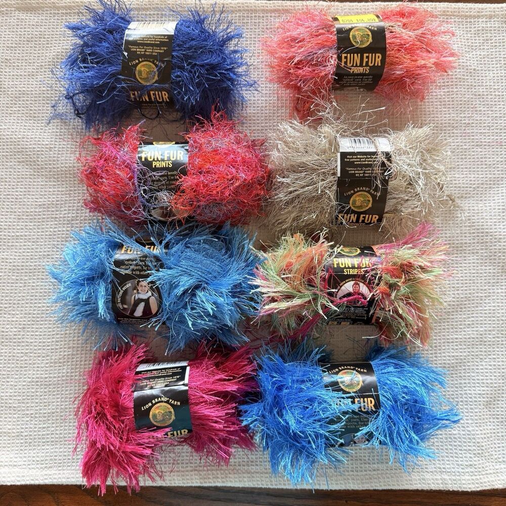Mixed Lot of 8 Lion Brand Fun Fur Print Bulky Yarn Knitting New & Used